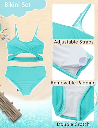 Happy Cherry Girls Swimsuit Teen Cute Bathing Suits Kids 4 Piece Tropical Print Beach Bikini Sets with Cover Up Size 8-123