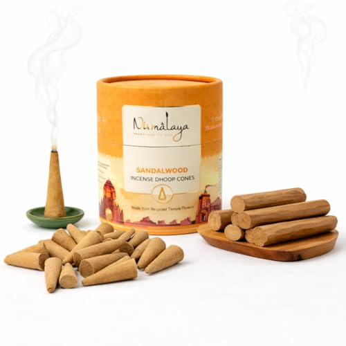Image of Nirmalaya Premium Sandalwood (Chandan) Dhoop Cones | 60 Bambooless Incense Cones with Stand | Made from Sacred Flowers | Charcoal Free Agarbatti | 25 Min Burn Time for Pooja & Meditation