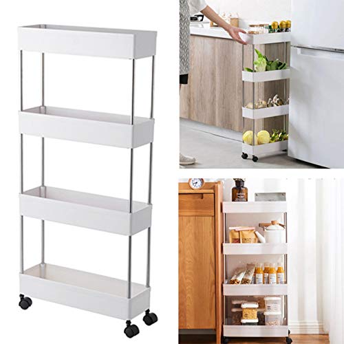 Carro utilidad rodante almacenamiento deslizable de 4 niveles,carro almacenamiento delgado Organizador unidad estantería móvil Estante torre para cocina Cuarto baño Lavadero Lugares estrechos,blanco