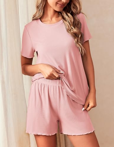 Image of Ekouaer 2 Packs Women Pajama Set Short Sleeve Sleepwear Soft Top and Shorts | Casual Pjs Outfits Ribbed Knit Lounge Set with Pockets