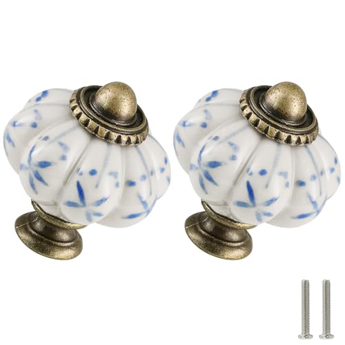 Zernmiarder Ivory & Blue Pumpkin Knobs 12 Pack Ceramic Cabinet Knobs Vintage Drawer Pulls - Antique Dresser Pulls with Screws - Blue Flower