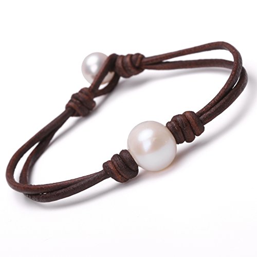 Aobei Pearl Single Cultured Freshwater Pearl Bracelet Handmade Leather Pearl Jewelry for Women 7''2