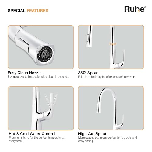 Image of Ruhe Spring Kitchen Sink Mixer Pull-Out Faucet Single Lever Tap with Dual Flow | Hot & Cold Water | Table Mounted Kitchen Sink Tap