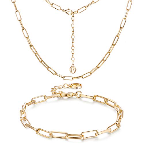 Gold Chain Necklace for Women 18K Gold Chain Bracelet Dainty Paperclip link Chunky Chain Choker Necklace Set Jewelry Gift for Men Women Girls