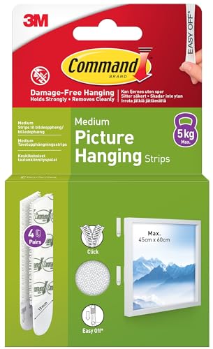 Command Picture and Frame Hanging Strips, Medium - 4 Pairs (8 Strips) - White, Adhesive Strips - Damage Free Hanging - for Pictures, Frames, Mirrors, Wall décor and Signs