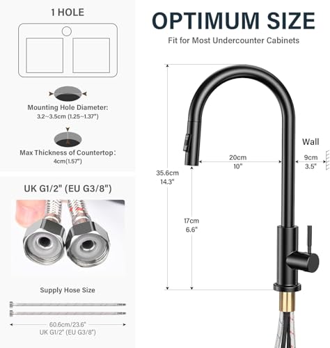 Wasserhahn Küche Schwarz,360° Schwenkbar Spültischarmatur Küche,Hochdruck Küchenarmatur mit Brause Ausziehbar, Edelstahl Heiß Kalt Armatur Küche G3/8'' Verbindung-2- Strahlarten