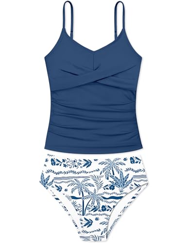 Image of Girls Swimsuit 2 Piece Bathing Suit Criss Cross Ruched Girl Tankini Sets Printed Girls' Swimwear for 9-18 Years