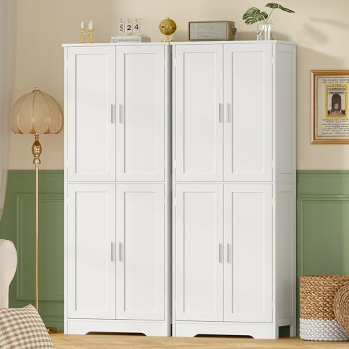 Image of TEENFON 67 inch Storage Cabinet, Kitchen Pantry Cabinet with 4 Doors and 2 Adjustable Shelves, Cupboard, Tall Bathroom Cabinets for Dining Room, Living Room, White