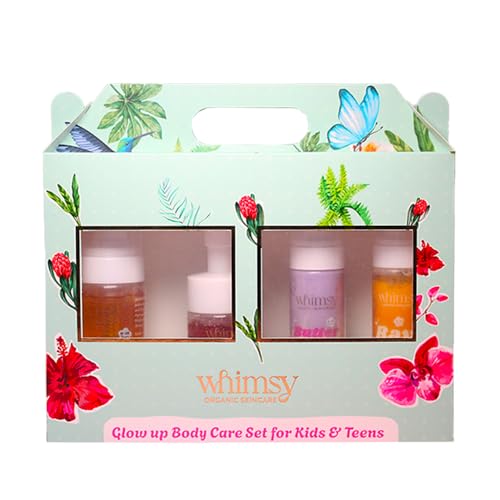 Image of Whimsy Beauty Glow Up Body Care Set (Pack of 4) | Foaming Body Wash, Face Wash, Moisturizer & SPF 50 Sunscreen Spray | Gentle Skincare with Aloe Vera, Shea Butter & Vitamin E | 4 to 16 Years | Organic, Natural Formula | Sulfate & Paraben Free | Dermatologist Tested
