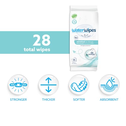 Image of WaterWipes Sensitive+ On The Go Wipes, 3-In-1 Cleans, Cares, Protects, 99.9% Water, Unscented & Hypoallergenic Wet Wipes, 28 Count (Pack of 1)