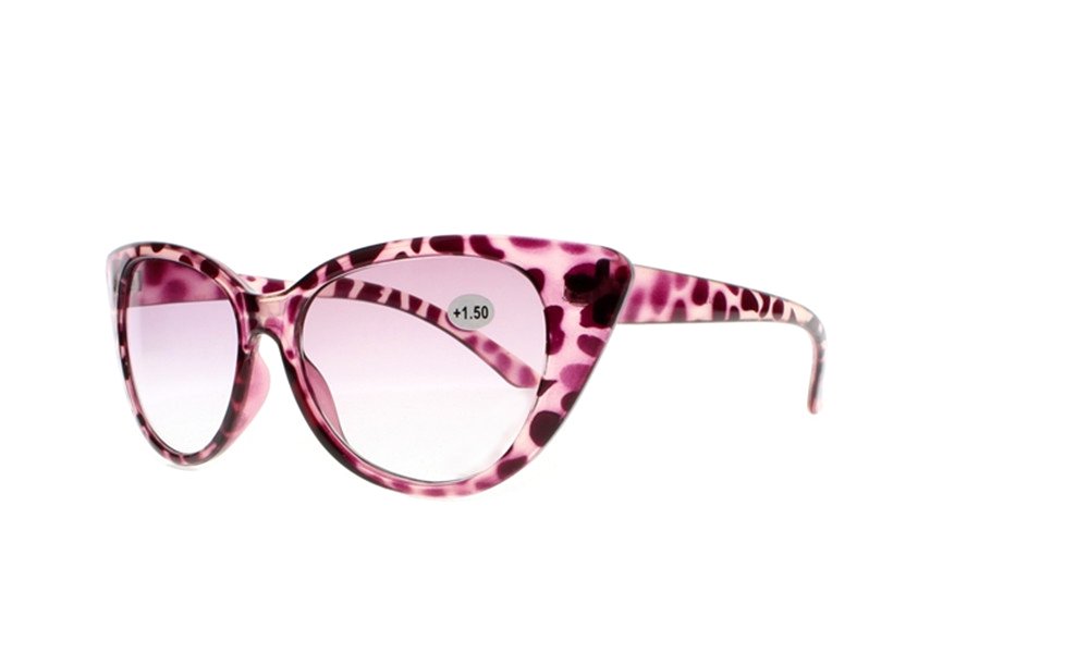 Newsight Women Big Cat Eye Tortoise Flowers Anti Reflective Tinted Lens Reading Glasses Sunglasses +1.0~+4.0 (Pink Tortoise+Purple Lens, 1.5)