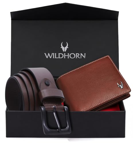 Image of WildHorn Gift Hamper for Men I RFID Protected Leather Wallet & Belt Combo Gift Set I Gift for Friend, Boyfriend,Husband,Father, Son Etc (Brown & Maroon)
