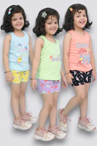 Image of Chandrika Kids Cotton Coordinated Set Pack of 3 half Sleeve And sleeveless T-Shirts & Shorts and skirt Baby Girls Summer Dress Combo