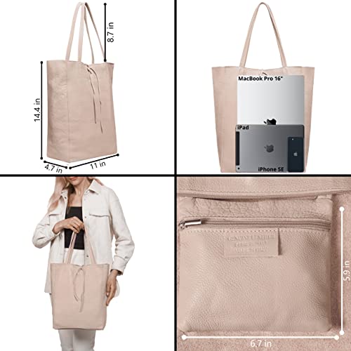 Image of Genuine Italian Leather Tote Bag for Women, Large Slouchy Purse, Nude | Unstructured bag, raw unlined interior with zip pocket, top zipper, side ties, folds flat, fits a 16-inch laptop, lightweight