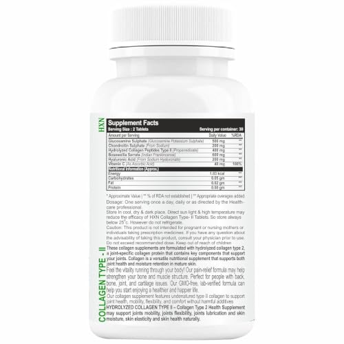 Image of HXN Joint Support Supplement with Glucosamine | Hydrolyzed Collagen Type 2, Hyaluronic Acid, Boswellia & Chondroitin | Knee Cartilage Flexibility, Mobility & Bone Health | 120 Veg Tablets for Men & Women