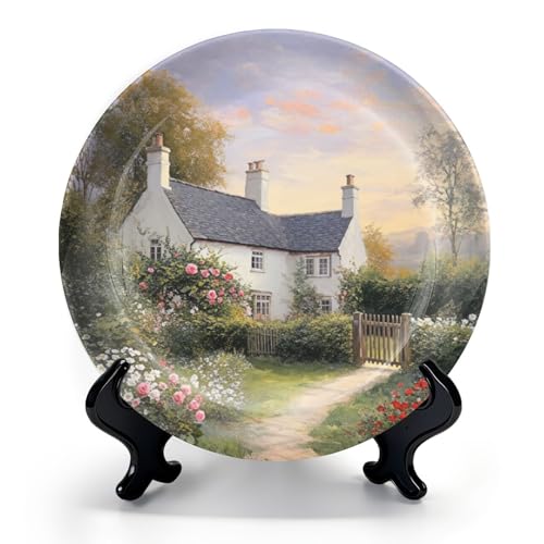 HABEN ARTWORK 10" Ceramic Plates for Display French Farmhouse Cottage Garden Classical Vintage Nature Landscape Country Decorative Plate with Stand and Hook for Kitchen Dining Room Wall Hanging Decor