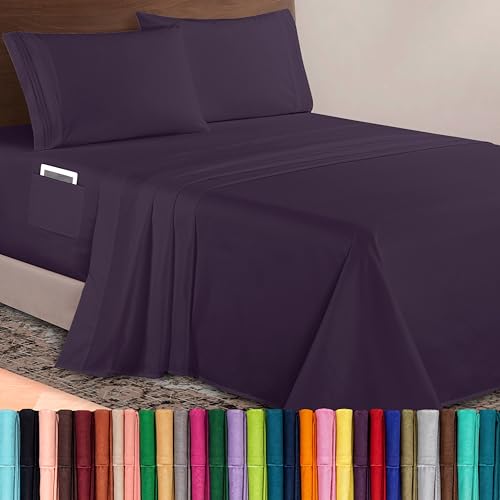 Image of Elegant Comfort Luxurious 1500 Premium Hotel Quality Microfiber 4-Piece Sheet Set, 18-24 Inches Deep - Extra Deep Pocket Sheets - Ultra Soft 4PC Deep Pocket Sheets, Full, Eggplant-Purple