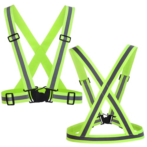 Jeckoye 2 Pack Reflective Safety Vests for Cycling Motorcycle, 360° High Vis Reflective Strap, Lightweight, Elastic and Adjustable Reflect Vest for Outdoor Walking, Jogging, Running,Green