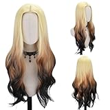 FREE BEAUTY Long Golden Brown Ombre Wavy Wig for Women Middle Part Curly Wavy Wig Natural Looking Synthetic Heat Resistant Fiber Wig for Daily Party Use 26 inch