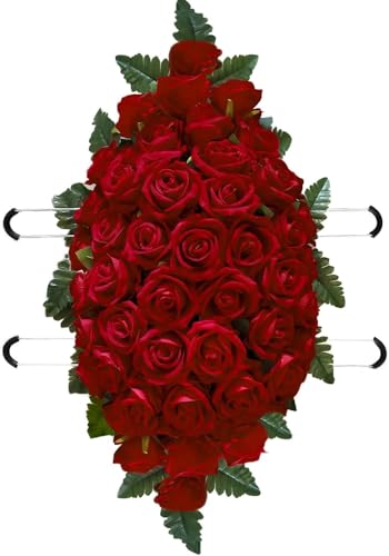 Artificial Roses Cemetery Flowers Outdoor Grave Decorations - Realistic - Saddle Arrangement for Headstone,Tombstone Memorial Decorations,Easy Fit (Red) image 6