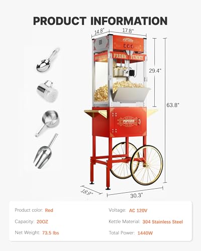 Image of 20 oz Commercial Popcorn Machine Cart, Upgraded Popcorn Maker Machine with Stainless-Steel Kettle Makes Up to 80 Cups, Movie Theater Pop Corn Machine with 3-Switch Control, Red