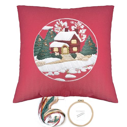 Image of FONNUY Christmas Embroidery Kit for Beginners, Throw Pillow Case Cross Stitch Set Winter Snow House Holly Tree Pattern for Adults, Hand Works Crafts Throw Pillow Cover, 18 x 18'' (Red)