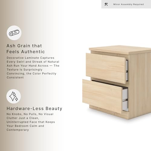 Image of Signature Design by Ashley Onita Two Drawer Nightstand, Minimalist Hardwareless Wood Look, Compact Bedroom Storage, Natural Beige, 20 Inch