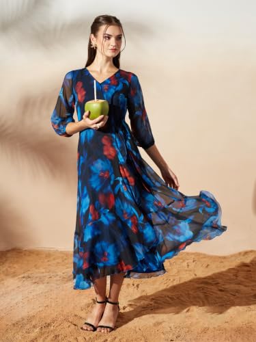 Image of Miss Chase Women's Multicolored Black Floral V-Neck 3 /4 Sleeve Wrap Chiffon Midi Dress