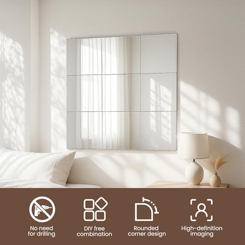 Shoze 6Pcs Self Adhesive Mirror 30x30x0.3cm Glass MirrorTiles Full Length MirrorTiles Adhesive Real Glass Frameless Wall Mirrors for Bathroom Living Room Kitchen (6pcs 30x30cm)