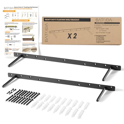 BATODA 24" Heavy Duty Floating Shelf Bracket (2 pcs) – Solid Steel Blind Shelf Supports - Hidden Brackets for Floating Wood Shelves - Blind Shelf Support - Shelving Mounting Hardware Included(Pack 2) by BATODA - Used condition - US$30.09
