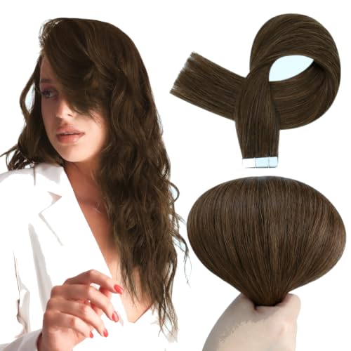 Full Shine Tape In Hair Extensions Human Hair, Medium Brown 24 Inch