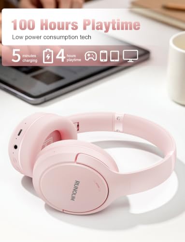 Image of RUNOLIM Hybrid Active Noise Cancelling Headphones, Wireless Over Ear Bluetooth Headphones with Microphone, 100H Playtime, Foldable Headphone with HiFi Audio, Deep Bass for Home Travel Office(Pink)