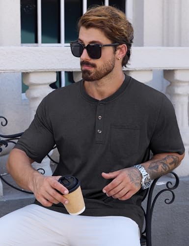 CRYSULLY Men's Henley Shirt Short Sleeve Cotton T-Shirts Pocket 3 Button Tops Lightweight Casual Basic Tee4