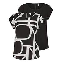 ONLY Tshirt Damen Regular Fit ONLVIC 2er Pack Rundhals Kurzarm Bluse Top Sommer Basic Muster Einfarbig, Größe:44, Farbe:Black/Maritime Great Logo (15284243)