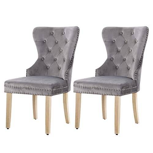 Velvet Dining Chairs,Pekko Upholstered Leisure Padded with Armrest Nailed Trim Accent Kitchen Room Chairs Set of 2 (Light Grey)