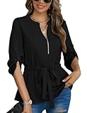 CiCiBird Womens Dressy 3/4 Sleeve Shirt Casual Zip Blouse Work Business Peplum Tops Black M