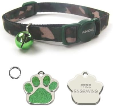 ANCOL Cat Green Camouflage Quick Release Collar With Engraved Paw Print Shaped Glitter Cat ID Tag