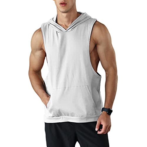 Men's Workout Sleeveless Hooded Tank Tops Athletic Training Cotton Gym Hoodies Sports Bodybuilding Fitness Muscle T Shirts White M