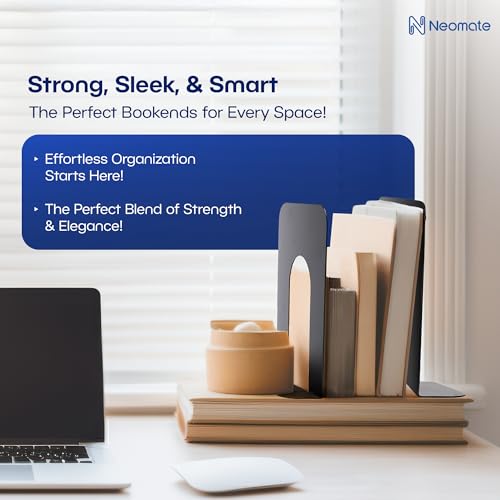 Image of Neomate Metal Bookends for Office & Home | Heavy-Duty Book Support | Black