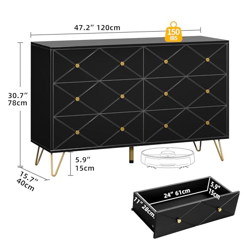 DWVO Upgrade Large 6 Drawer Dresser for Bedroom, Black Wood Dresser Chest of Drawers with Fluted Panels, Modern 47" W TV Stand Double Dressers Storage Cabinet for Living Room, Hallway, Entryway