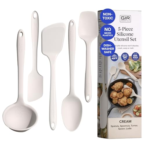 GIR 5-Piece Silicone Kitchen Utensils Set, Non-Toxic Cooking Utensils for Cooking and Baking, Heat Resistant, Food Grade, Dishwasher Safe Rubber Spatula, Ladle, Spoon - Cream
