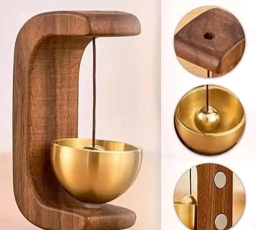 Image of Meditation Singing Bowl with Solid Wood Stand, Brass, Healing Tone, Compact Desktop Decor