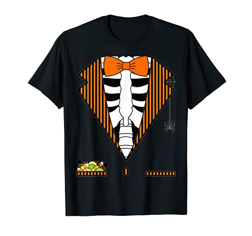 Easy Halloween Costume Shirts Orange Striped Skeleton Tuxedo Camiseta