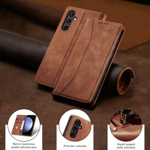Image of Jasonyu Flip Wallet Case for Samsung Galaxy S23 FE,Leather Magnetic Folio Cover with Card Holder,Kickstand - TPU Shockproof Durable Protective Phone Case,Brown