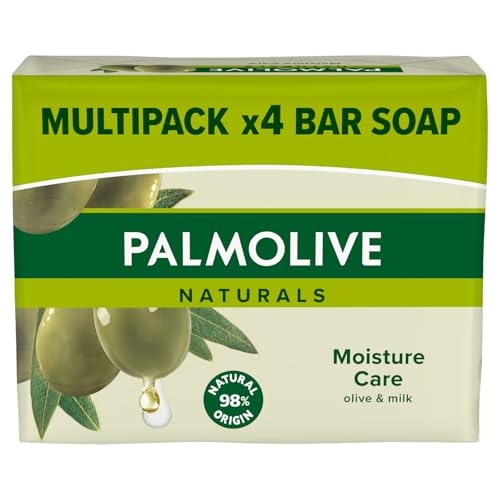 PALMOLIVE 4 Pack Naturals Soap Bar Moisture Care With Olive Milk, Each Pack (90 gram x 4) Vegan, Natural Origin Biodegradable Soap For Body Hands And Face (Pack Of 1 - Total 4 Bars)