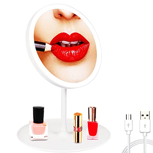 Didarenba Espejo Maquillaje con luz led con Carga USB rotacion 180º Boton tactil y Bandeja tocador de Maquillaje con luz Espejo tocador con luz Espejo con luz Espejo led Redondo Blanco Cover
