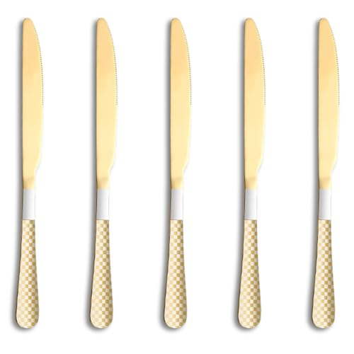 Image of 9 inch Aurum Gold Steak Knives Set of 5 with Checks Printed Handle ? Durable Stainless Steel Dinner Knife, Mirror Polished Silverware, Perfect for Home, Restaurant, and Gifting