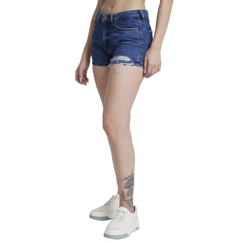 Image of Spykar Women Dark Blue Cottom Slim Fit Above Knee Length Denim Shorts
