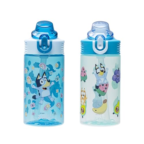 Zak Designs Bluey Sage Kids Water Bottle For School or Travel, 16oz Durable Plastic Water Bottle With Straw, Handle, and Leak-Proof, Pop-Up Spout Cover, 2-Pack Set (Bluey & Bingo) by Zak Designs - Used condition - US$14.99