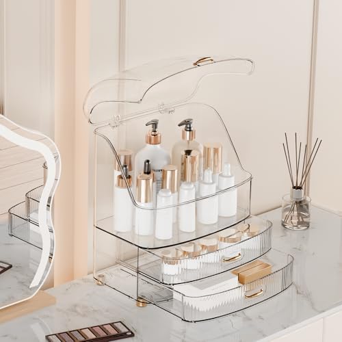 Image of Makeup Organizer Countertop Vanity with Transparent Lid Drawers Waterproof Dustproof Cosmetic Skincare Bathroom Storage Gift for Women Teens Girls (Clear Whtie)